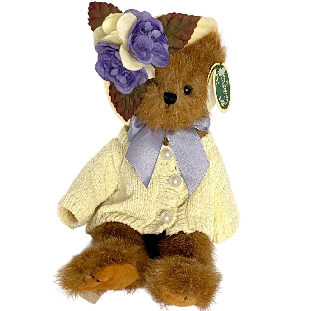 Bearington Collection Sandy Bear Plush Yellow Sweater Bow Floral Hat Tags 12in